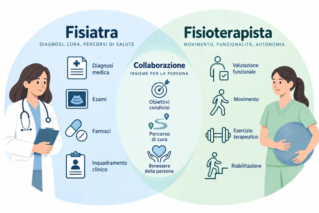 Differenze tra fisiatra e fisioterapista: quando rivolgersi a chi? 1 Infografica semplice e professionale divisa in due aree: “Fisiatra” e “Fisioterapista”. Per il fisiatra rappresentare concetti come diagnosi medica, esami, farmaci e inquadramento clinico; per il fisioterapista valutazione funzionale, movimento, esercizio terapeutico e riabilitazione. Le due aree devono sovrapporsi parzialmente al centro per rappresentare la collaborazione, evitando l'idea di una gerarchia tra le professioni.